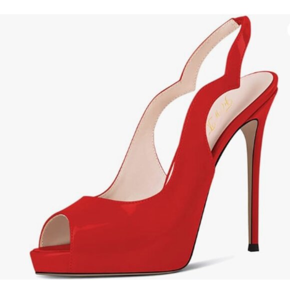 FOWT Shoes - FOWT Red Peep Toe Sandals Slingback Heels Platform Pumps Elastic Strap Shoes